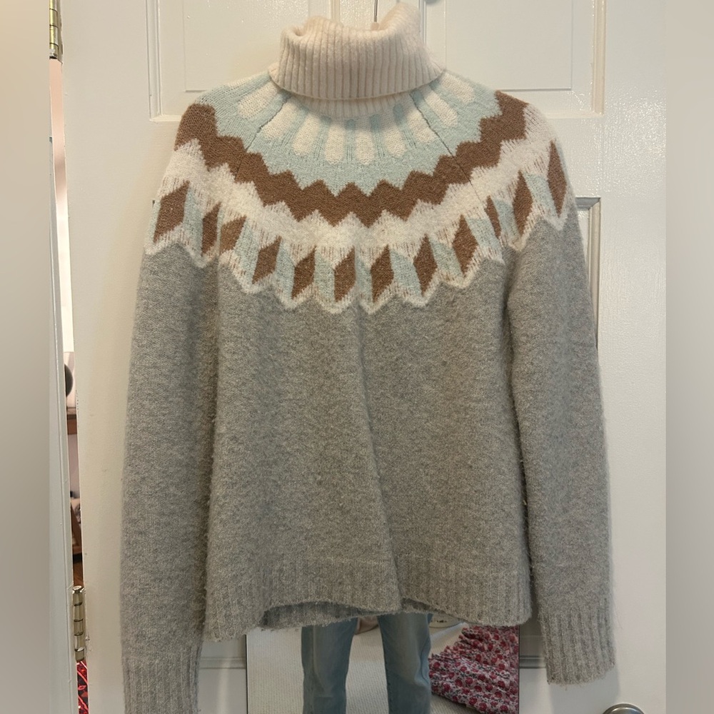 J. Crew - Cashmere Turtleneck Sweater - Gray, White, Light Blue and Brown (M)
